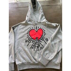 Keith Haring Gray Red Women's Sz Med Graphic Art Dancing Heart Hoodie Sweatshirt